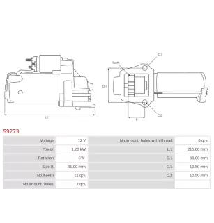 Démarreur 12V 1.20kW 11 dents AS-PL UD12356S, CARGO 113906, FORD 1251700, 1300504, 1366986