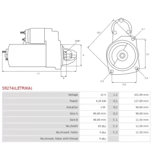 Démarreur 12V 4.20kW 10 dents AS-PL UD809656(LETRIKA)S, BOBCAT 6632415