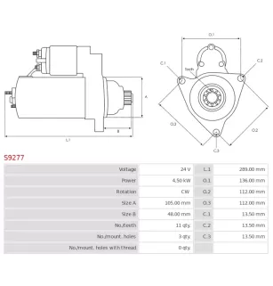 Démarreur 24V 4.50kW 11 dents AS-PL S9277, UD12909S, DOOSAN 30051600003, 30051600015, 30051600041