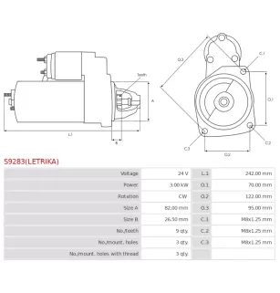 Démarreur 24V 3.00kW 9 dents AS-PL UD809666(LETRIKA)S, ISKRA / LETRIKA 11.131.577, AZE6528, IS1176, IVECO 504204112