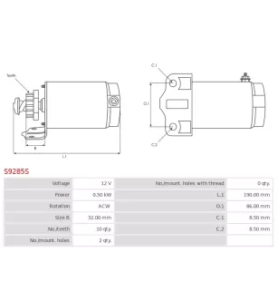 Démarreur 12V 0.50kW 10 dents AS-PL S9285S, UD03131S, UD13662S, BOSCH F04200D006, CARGO 112566