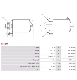 Démarreur 12V 0.48kW 16 dents AS-PL UD03132S, UD13663S, CARGO 112312, JOHN DEERE AM30931, 3EFFE STRF336