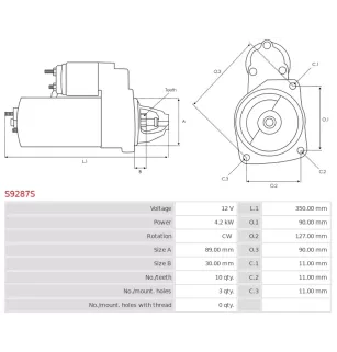 Démarreur 12V 4.2kW 10 dents AS-PL S9287S, UD13620S, CARGO 115389, CATERPILLAR 312-7576, 3127536
