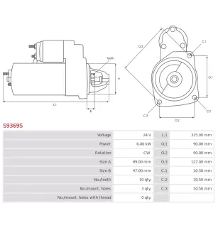 Démarreur 24V 6.00KW 10 dents KRAUF STP0063, STP9063, STR0063, CUMMINS 5256026, 5263841, 5268413