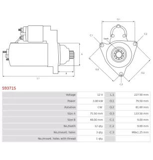 Démarreur 12V 3.00KW 12 dents FORD BC3T-11000-AB, BC3Z-11002-A, BC3Z-11002-B, KRAUF STF1761, KUHNER 256239