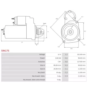 Démarreur 12V 3.00kW 10 dents AS-PL UD18578S, BOBCAT 6911913, 7020620, CARGO 113654, 114387
