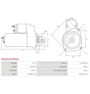 Démarreur 12V 1.00kW 9 dents AS-PL UD810409(LETRIKA)S, CARGO 114276, ISKRA / LETRIKA 11.131.028, 11.131.529, AZE1240