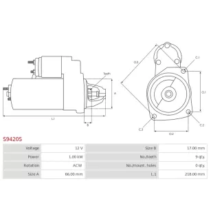 Démarreur 12V 1.00kW 9 dents AS-PL UD100889S, CARGO 114276