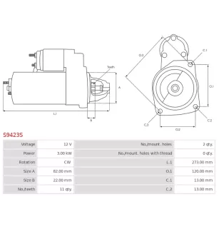 Démarreur 12V 3.00kW 11 dents AS-PL S9423S, UD20997S, CASCO CST38123GS, DONGFENG QD1315A, QD1528