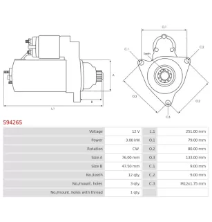 Démarreur 12V 3.00kW 12 dents AS-PL UD21113S, CARGO 113703, FORD 3C3U-11000-AA, 3C3U-11000-AB, 3C3U-11000-AC