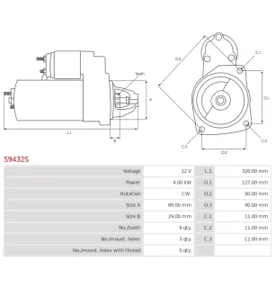 Démarreur 12V 4.00kW 9 dents AS-PL UD19373S, DEUTZ 04125370, ISKRA / LETRIKA 11.132.365, AZF4371, IS1366