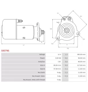 Démarreur 12V 3.00KW 9 dents KUHNER 254022, 254022D, 254022K, 254022L, 254022M, ERA 22202