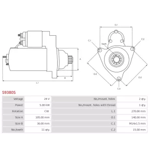 Démarreur 24V 5.00KW 11 dents ROBERT'S 186-35075, KUHNER 255871, KRAUF STW8112, ELECTROLOG STR980
