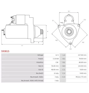Démarreur 12V 3.10KW 12 dents AS-PL UD17057S, FORD 7C3T-11000-AA, 7C3T-11000-AB, DIXIE 202-31103, S-2156