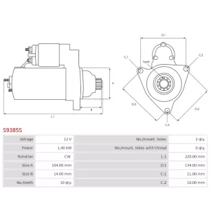 Démarreur 12V 1.40KW 10 dents BOSCH 0986CR1386, 0986UR1386, WAI / TRANSPO 6647N, 6647R, WILSON 91-02-5893
