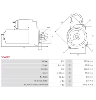 Démarreur 12V 1.40kW 12 dents AS-PL UD19657S, FORD 6TLU-11000-BB, CASCO CST14120GS, KRAUF STF2054, KUHNER 255857