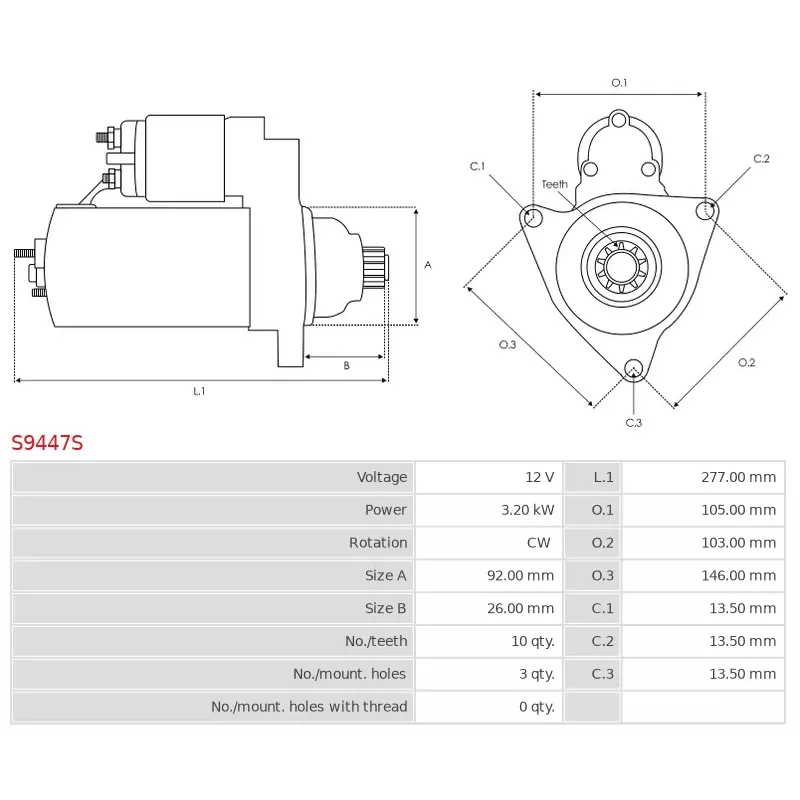 Démarreur 12V 3.20kW 10 dents AS-PL UD30141S, BOSCH 0001362049, 0986050570, 9000143400, 9000143404