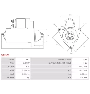 Démarreur 12V 2.00kW 15 dents AS-PL S9450S, UD21256S, CARGO 115968, CUMMINS 4900574, DELCO DRS0237