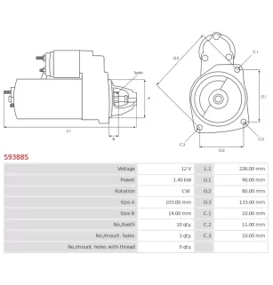 Démarreur 12V 1.40KW 10 dents FORD F17U-11000-AB, F17U11000AB, F17UAB, F1TZ11002A, F87U11000A1A, F87U11000A1B