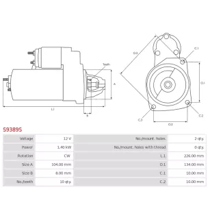 Démarreur 12V 1.40KW 10 dents WAI / TRANSPO 3241R, 3241N, 3223R, WILSON 91-02-5860N, 91-02-5860