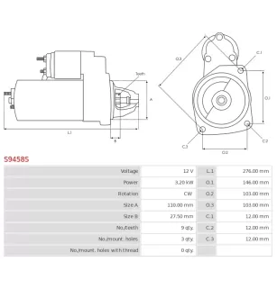 Démarreur 12V 3.20kW 9 dents AS-PL UD30121S, ISKRA / LETRIKA 11.132.156, AZE4241, IS1386, MAHLE 72735835