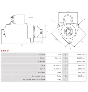 Démarreur 24V 3.20kW 9 dents AS-PL UD90427S, HYUNDAI / KIA 36100-41020, MANDO BN3610041020, TM000A06001, ELECTROLOG STR0124