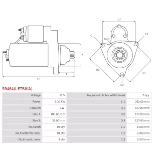 Démarreur 12V 3.30kW 10 dents AS-PL UD815941(LETRIKA)S