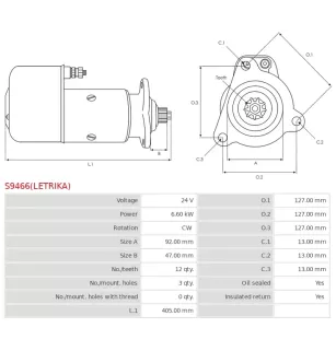 Démarreur 24V 6.60kW 12 dents AS-PL UD812180(LETRIKA)S, BOSCH 0001330016, 0001417065, 0001417075, 0986017050