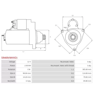 Démarreur 12V 2.50kW 13 dents AS-PL UD100780(NIKKO)S, ISUZU 8980636991