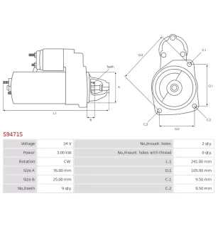 Démarreur 24V 3.00kW 9 dents AS-PL UD21219S, ISKRA / LETRIKA 11.131.431, 11.131.485, AZE6508, AZE6517