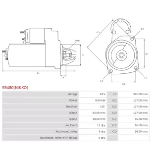 Démarreur 24V 8.00kW 11 dents AS-PL UD100827(NIKKO)S, CASE 260493C91, CATERPILLAR 0R2187, 0R2190, 0R4256