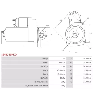 Démarreur 12V 3.00kW 10 dents AS-PL UD100813(NIKKO)S, CUMMINS 3675173, 3675173RX, DELCO 10465150, 10465397