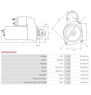 Démarreur 24V 8.00kW 12 dents AS-PL UD100826(NIKKO)S, CARGO 110999, CASE 673782C91, CATERPILLAR 0R2186, 0R4256