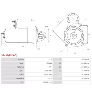 Démarreur 12V 7.30kW 12 dents AS-PL UD100828(NIKKO)S