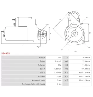 Démarreur 12V 1.40kW 11 dents AS-PL UD101238S, BOSCH 0399707109, 0399707110, HYUNDAI / KIA 36100-2M460