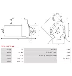 Démarreur 12V 1.00kW 8 dents AS-PL UD812159(LETRIKA)S, CARGO 114117, ISKRA / LETRIKA 11.131.530, AZE1241, IS1151