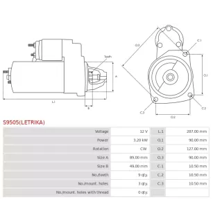 Démarreur 12V 3.20kW 9 dents AS-PL UD811951(LETRIKA)S, BOSCH 0001369016, CASE 1133958R1, 121905A1, 121905AEX