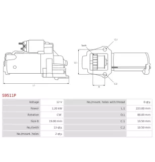 Démarreur 12V 1.20kW 13 dents AS-PL UD101609S, FORD 2190923, AMJX6T-11000-DA, AMJX6T-11000-DB, JX6T-11000-DA