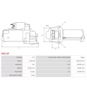 Démarreur 12V 2.00kW 12 dents AS-PL UD101600S, BOSCH 00010DB94E, 0001105205, 0001109205, 0001109304