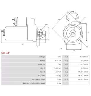 Démarreur 12V 1.40kW 10 dents AS-PL UD101581S, BOSCH 0001107014, 0001107027, 0001107028, 0001108106