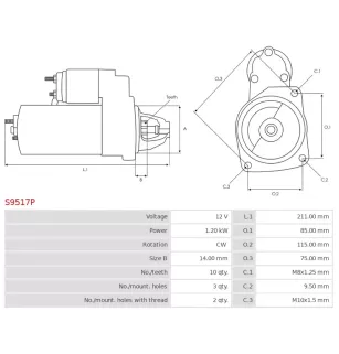 Démarreur 12V 1.20kW 10 dents AS-PL UD101603S, DELCO DRS1066, FORD AMEV4S-11000-AA, EV4S-11000-AA, VOLVO 30644972