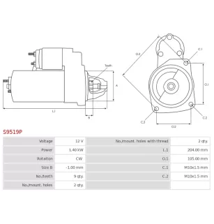 Démarreur 12V 1.40kW 9 dents AS-PL UD101602S, CARGO 116052, DELCO DRS1065, FORD 1379703, AMEV3C-11000-AA