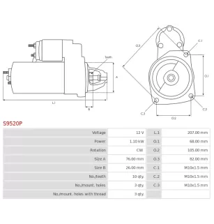 Démarreur 12V 1.10kW 10 dents AS-PL UD101580S, UD101594S, BOSCH 0001107043, 0001107087, 0001107407