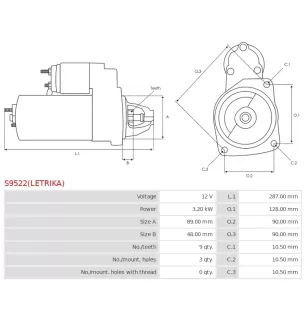 Démarreur 12V 3.20kW 9 dents AS-PL UD812077(LETRIKA)S, CARGO 116596