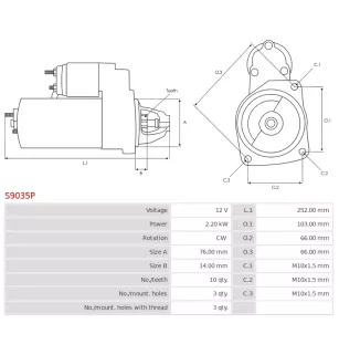 Démarreur 12V 2.20Kw 10 dents FORD 1008813, 1008835, 1027300,