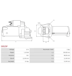 Démarreur 12V 1.10kW 12 dents AS-PL UD101605S, FORD AMKV6T-11000-AA, AMKV6T-11000-AC, KV6T-11000-AA, KV6T-11000-AC
