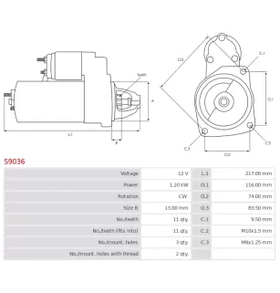 Démarreur 12V 1.20Kw 11 dents FORD 1229427, 1233234, 1254222, 1368970, 1469712, 1707507