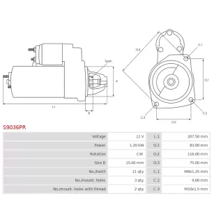 Démarreur 12V 1.20Kw 11 dents FORD 1229427, 1233234, 1254222,