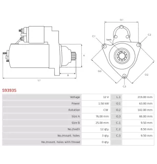 Démarreur 12V 1.50KW 12 dents FORD SA-884, 6L2Z-11002-BA, 6L2T-11000-BB, 1L2Z-11002-AA, 1L2U-11000-AB