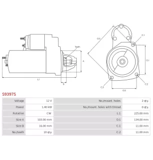Démarreur 12V 1.40KW 10 dents FORD F67A-11000-AA, F67U-11000-AA, F67Z-11002-AA, F87U-11000-CA, AS-PL UD20617S